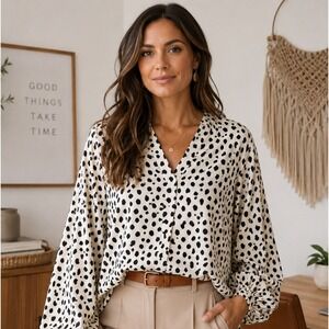 Entro Womens Blouse Top Size M Cream Black Dalmatian Print Balloon Sleeve Boho